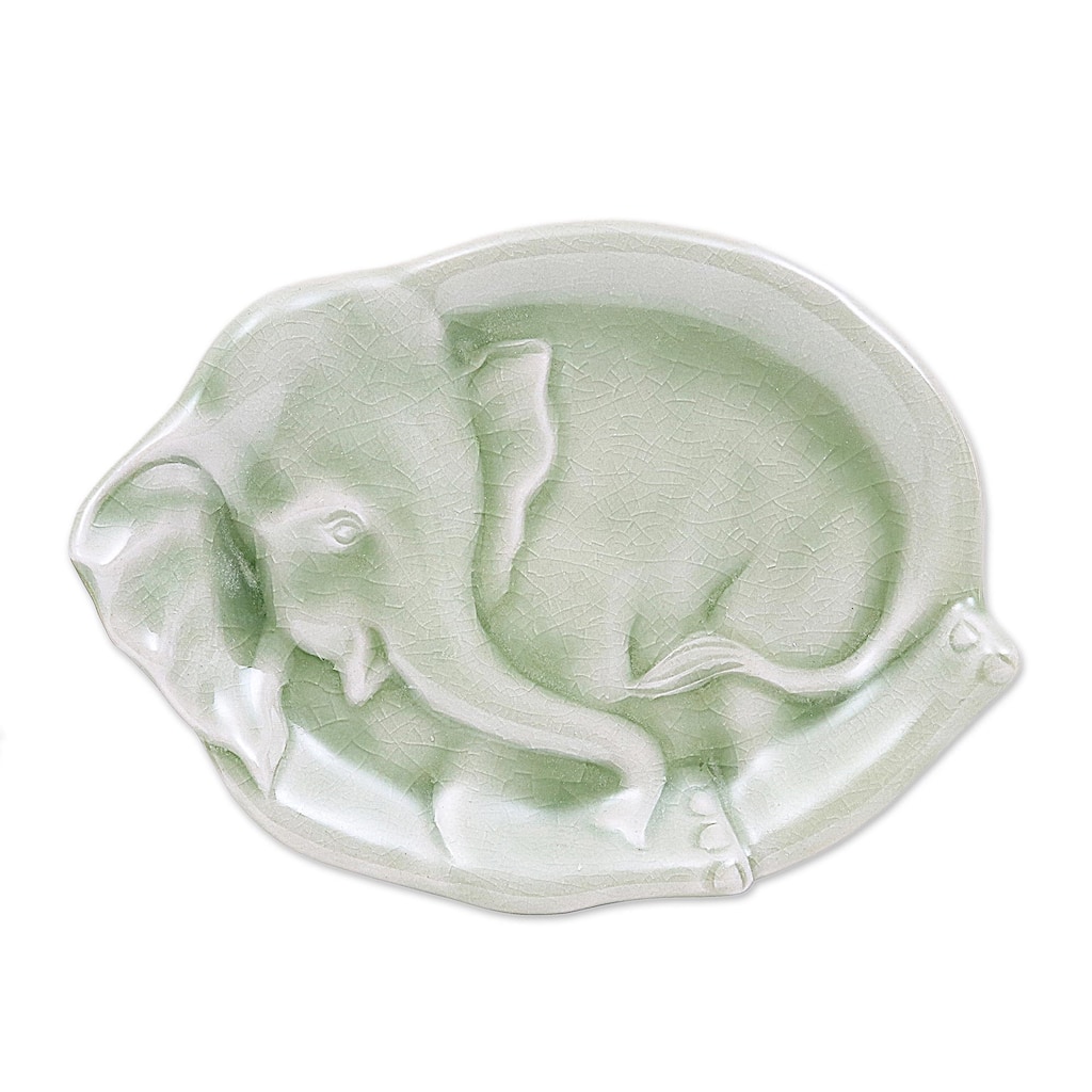 Novica Handmade Elephant At Rest In Green Celadon Ceramic Plate