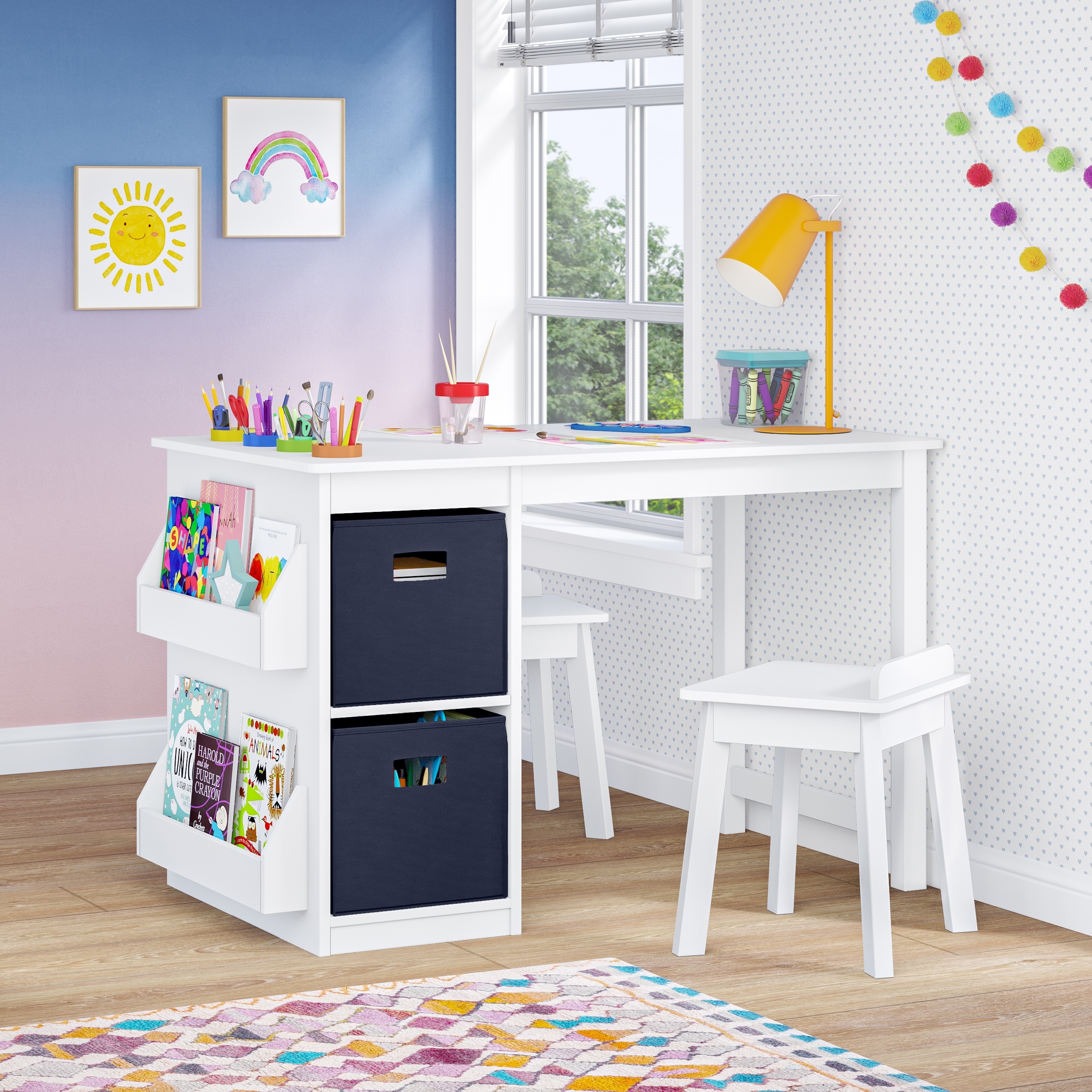 RiverRidge Kids Playroom Art Activity Table with 2 Cubbies and 2 Bookracks - White