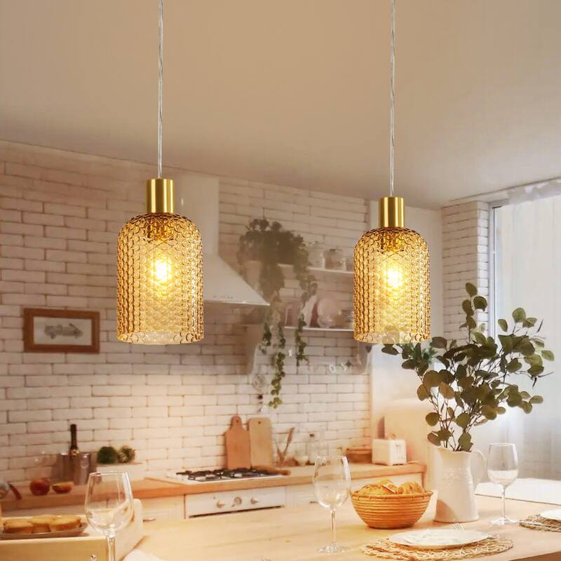 1/3-Light Modern Glam Bell-Shaped Adjustable Island Pendant Light with Clear/Blue/Amber Textured Glass