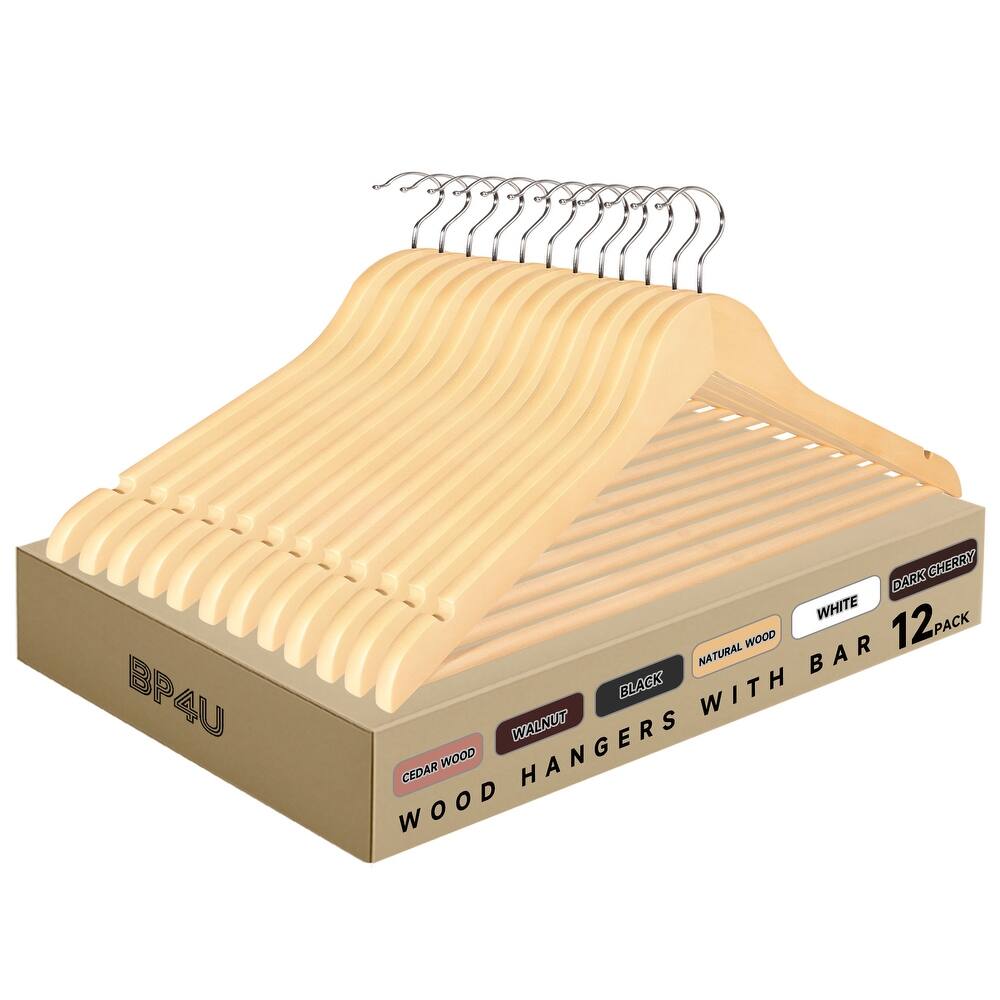 BP4U Premium Solid Wood Hangers with Non-Slip Trouser Bar, Heavy-Duty Suit Coat Wooden Hangers for Jackets, Shirts, and Dresses