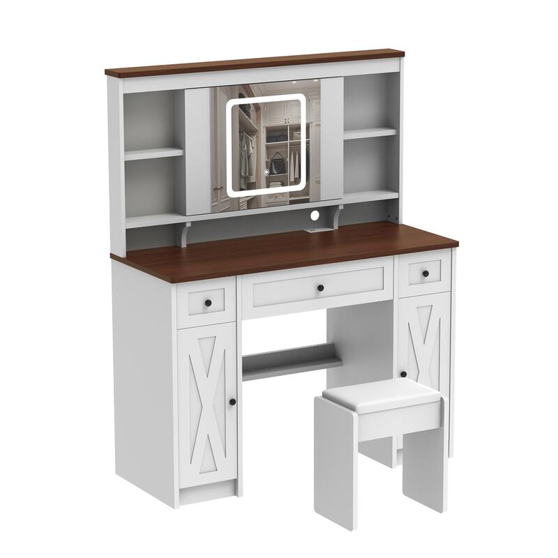 Makeup Table with Adjustable LED Lighting, Sliding Mirror, Charging Station, and Ample Storage Drawers, American Design