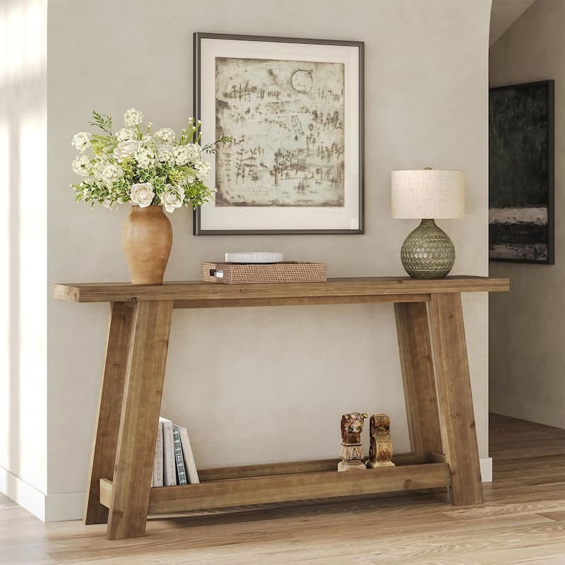 63-Inch Narrow Solid Wood Console/Entryway/Sofa Table Behind Couch with 2-Tier Shelf - Brown