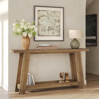 63-Inch Narrow Solid Wood Console/Entryway/Sofa Table Behind Couch with 2-Tier Shelf