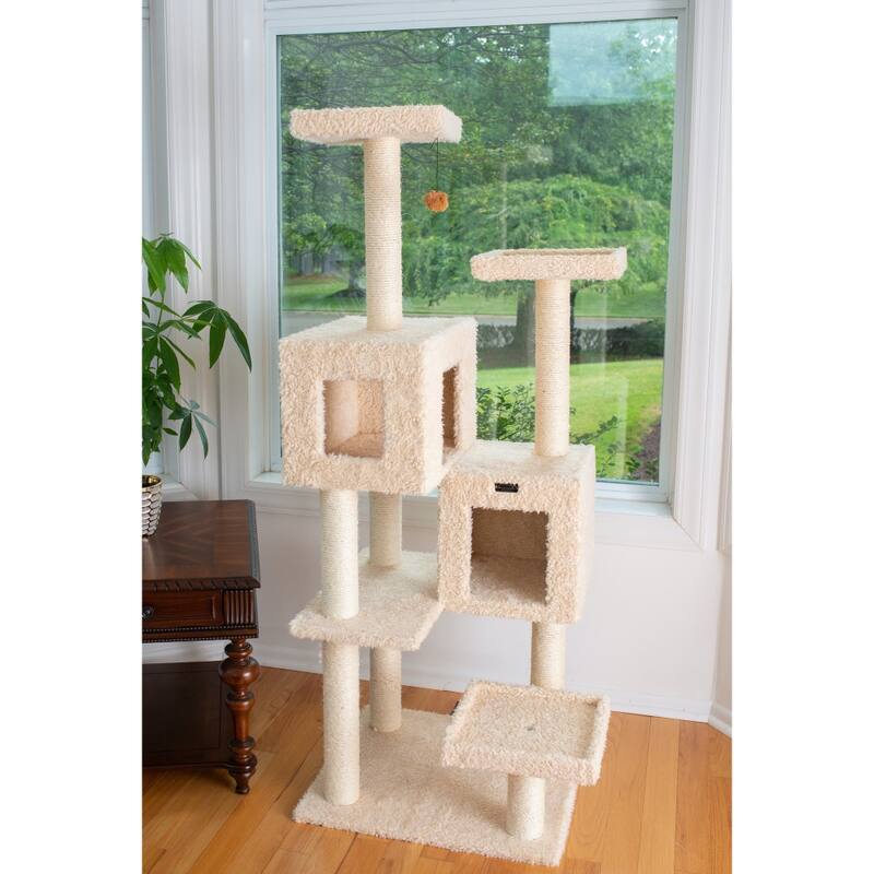 Multi-Level Real Wood Cat Tree With Two Spacious Condos, Perches - Beige