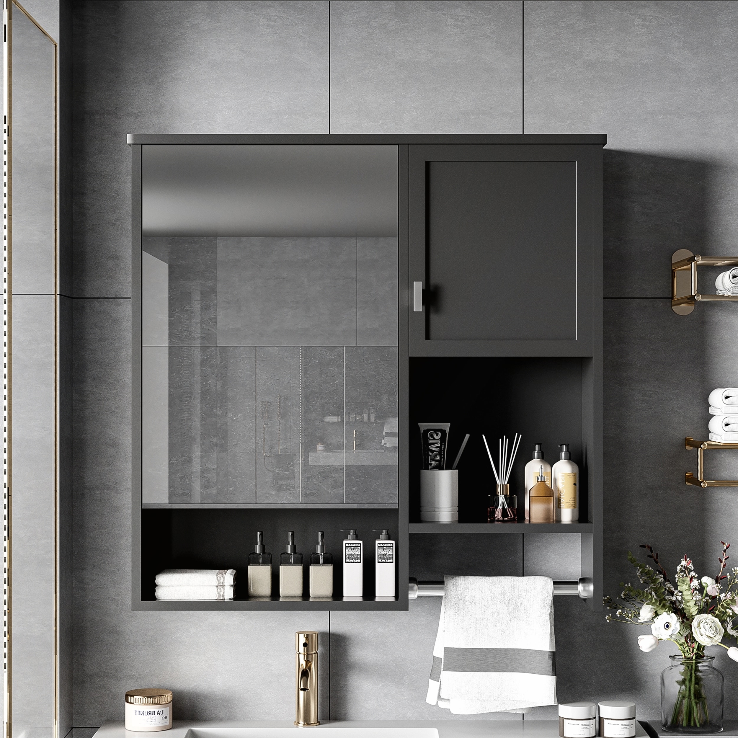 Modern Wall Mounted Bathroom Medicine Cabinet with Mirror and Towel Bar for Bathrooms