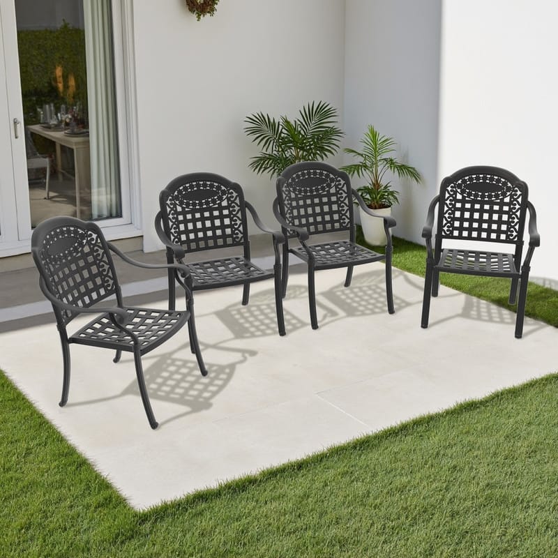 Black Stackable Cast Aluminum Patio Outdoor Dining Chairs With Blue Seat Cushions