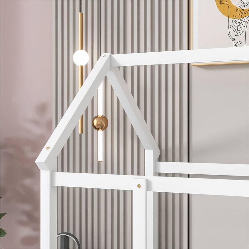 Floor Wooden Bed with House Roof Frame, Fence Guardrails