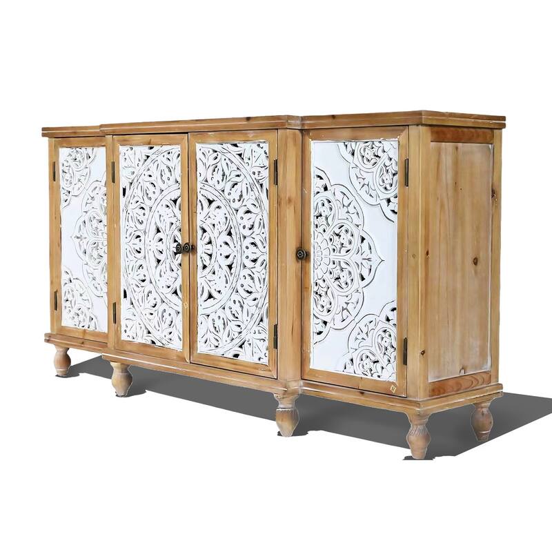 4-Door Hollow-Carved Accent Cabinet, Distressed Wood Storage Cabinet Cupboard with adjustable shelves,unique design,Natural wood