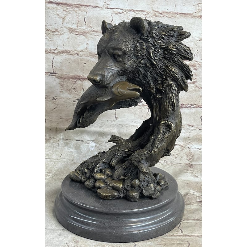 Bear Catching Salmon Bronze Metal Bust Statue Sculpture Original Art On Marble Base
