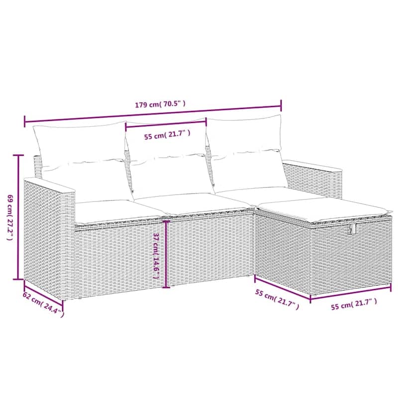 vidaXL 4 Piece Patio Sofa Set with Cushions Gray Poly Rattan - 21.7" x 24.4" x 27.2"