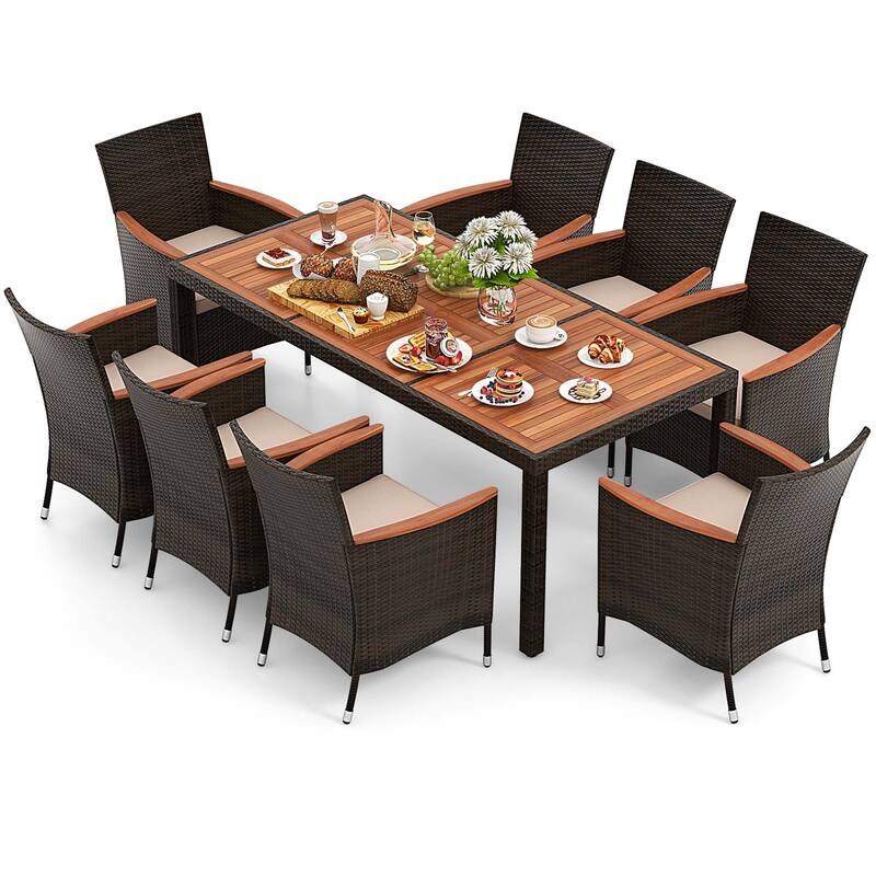 Costway 9PCS Patio Wicker Dining Set Acacia Wood Table Top Umbrella - See Details