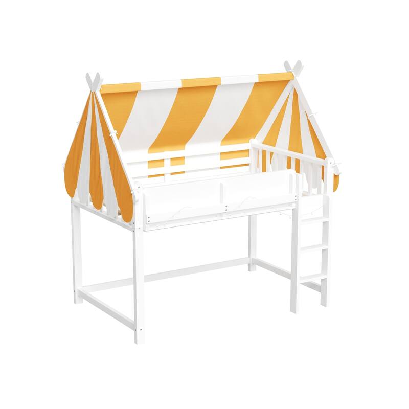 GDFStudio - BrightNest Modern Wooden Loft Bed with Canopy, LED Lights and Bookshelf