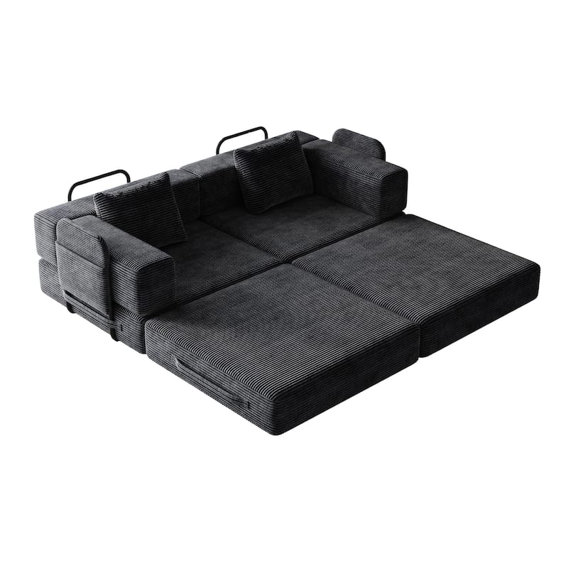 Folding Loveseat Sofa Convertible Sleeper Sofa Bed, Floor Standing Couch Bed Corduroy Floor Mats with Side Pockets and Pillows