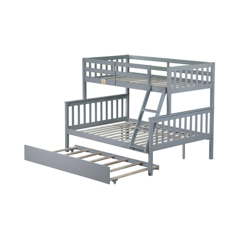 Roomfitters Twin Over Full Rubber Wood Bunk Bed with Trundle, Detachable Convertible Bunk Bed with Ladder and Guardrails