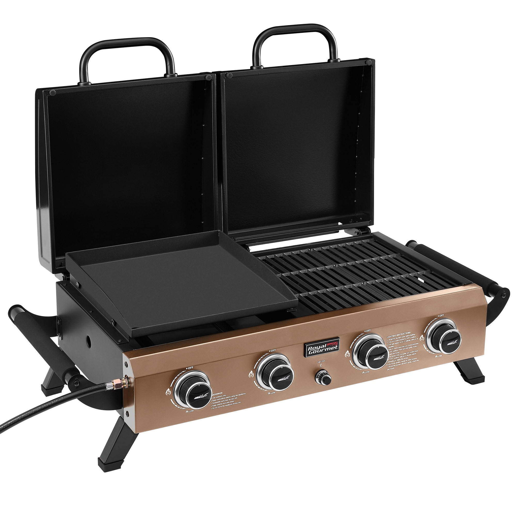 Royal Gourmet GD4002TPY 4-Burner Portable Tabletop Grill & Griddle Combo with Hood, 40,000 BTU, Bronze Gold