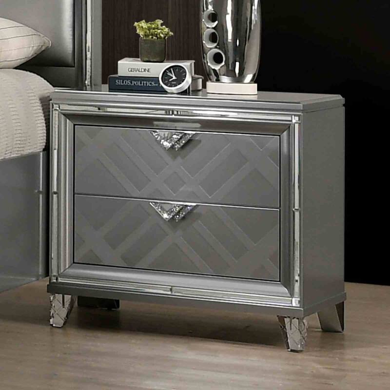 Contemporary Silver Finish 4-Piece Bedroom Set LED Padded Bed Nightstand Dresser Mirror