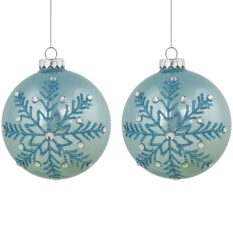 2 Light Blue Glittered JeweLED Snowflake Christmas Ball Ornaments 4"
