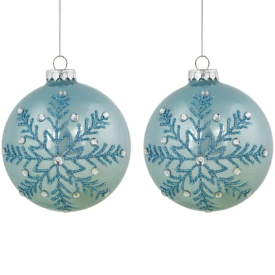 2 Light Blue Glittered JeweLED Snowflake Christmas Ball Ornaments 4"