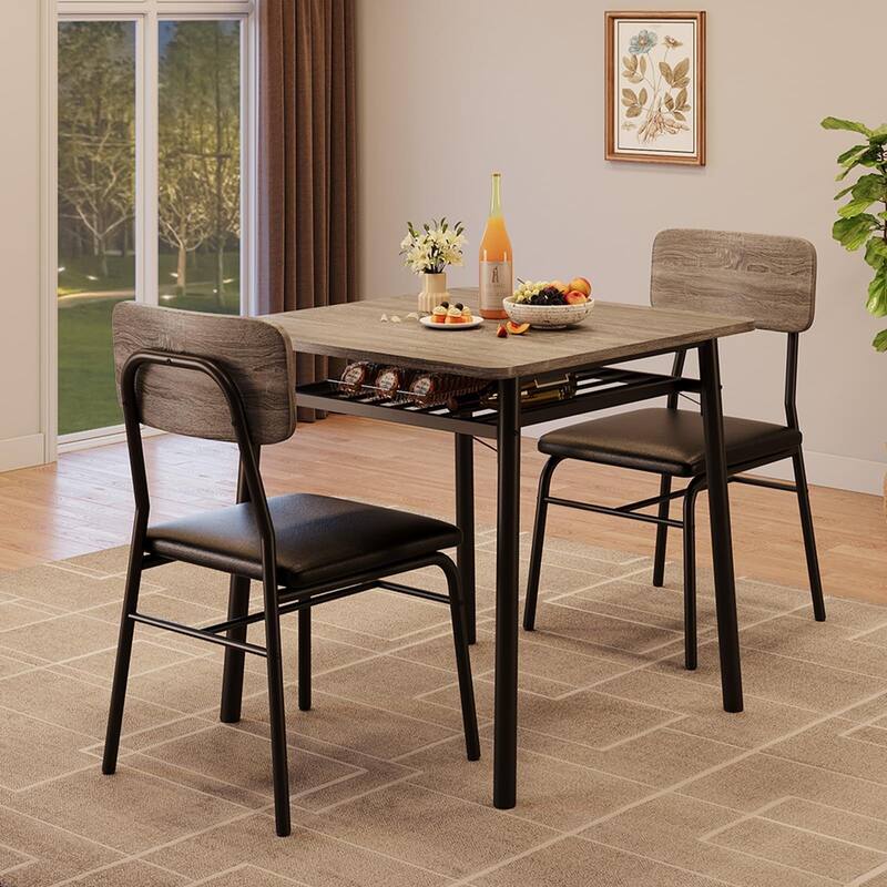 3-Piece Dining Room Set, with Storage Rack and Metal Frame - Grey