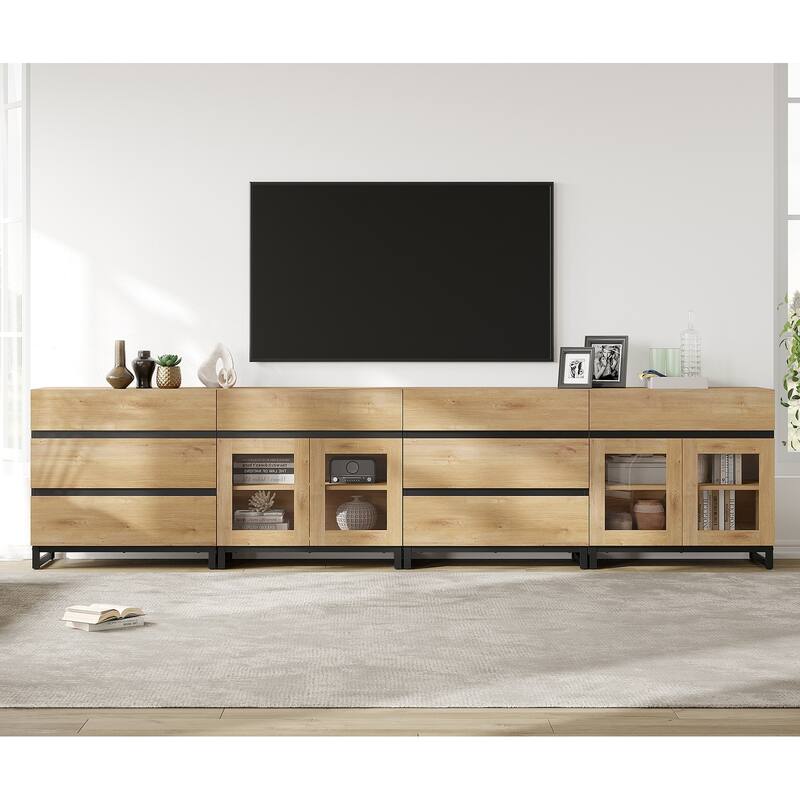 Modern 4 in 1 TV Stand for 120" TVs, Console with Glass Doors & 8 Drawers, Entertainment Center