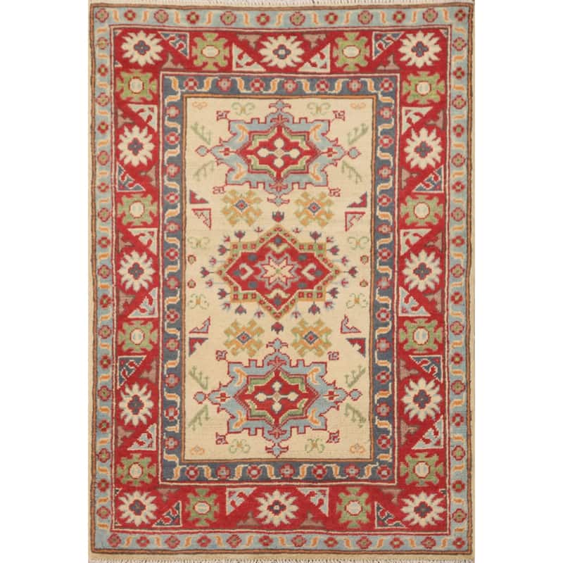 Geometric Yellow Kazak Accent Rug Handmade Traditional Wool Carpet - 2'8" x 4'0"