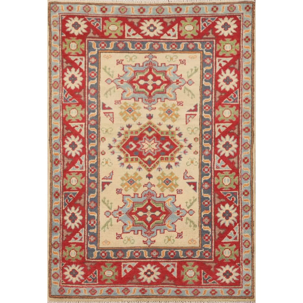 Geometric Yellow Kazak Accent Rug Handmade Traditional Wool Carpet - 2'8" x 4'0"