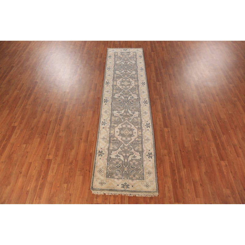 Gray & Ivory Oushak Indian Runner Rug Handmade Wool Carpet - 2'6"x 9'9"