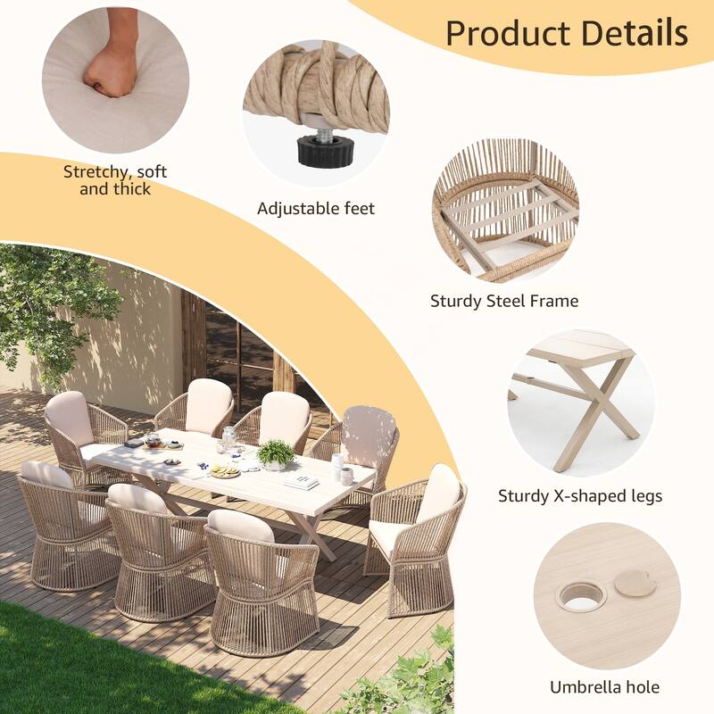 9-Piece Outdoor Dining Set - Weather-Resistant Aluminum Table with X-Leg Stability & PE Rattan Chairs