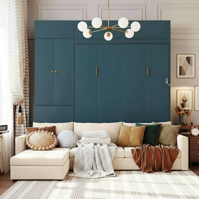 Queen-Size Convertible Murphy Wall Bed with Built-In L-Shaped Sofa & Storage Cabinet System by Harper&Bright Designs - Green