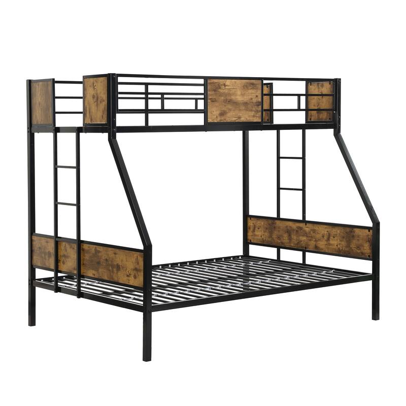 Bunk Bed Twin Over Full Size with 2 Side Ladder and Full-Length Guardrail, Heavy Duty Metal Slats Support No Box Spring Needed