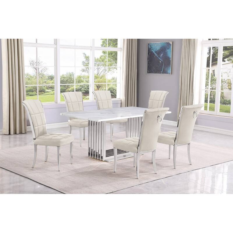 Best Quality Furniture D310/1-SC320-7 Dining Set with 68" White Marble Top - 7-Piece - Cream / Silver