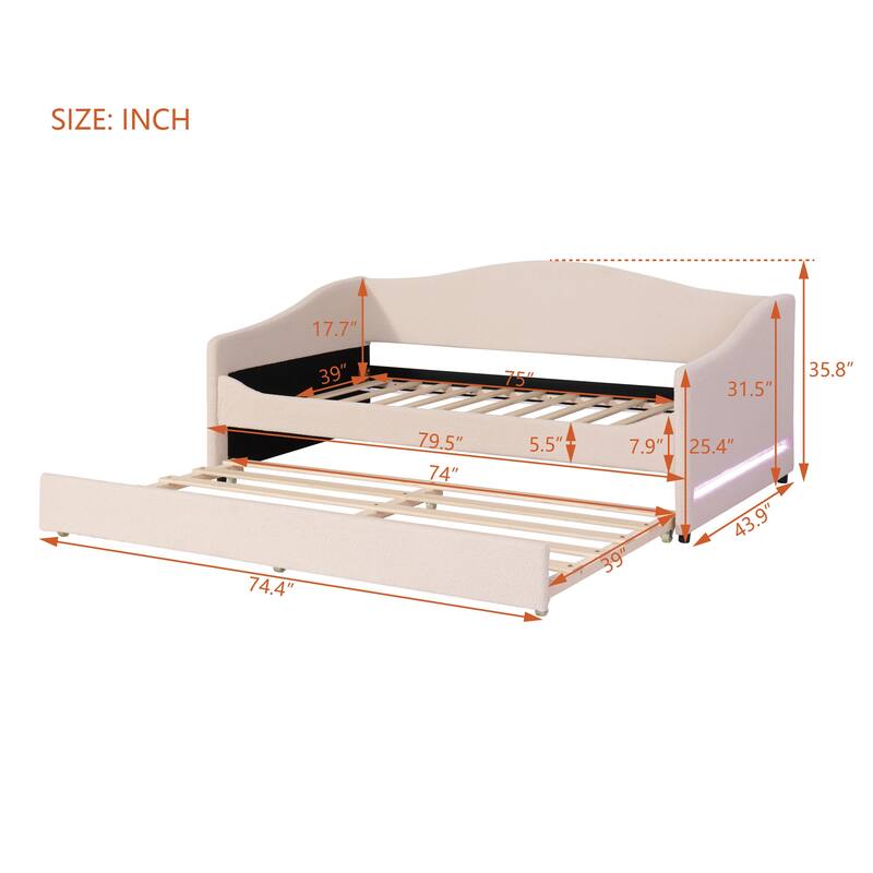 Twin Size Comfort & Soft Daybed with LED & Trundle, Curve Design, Beige