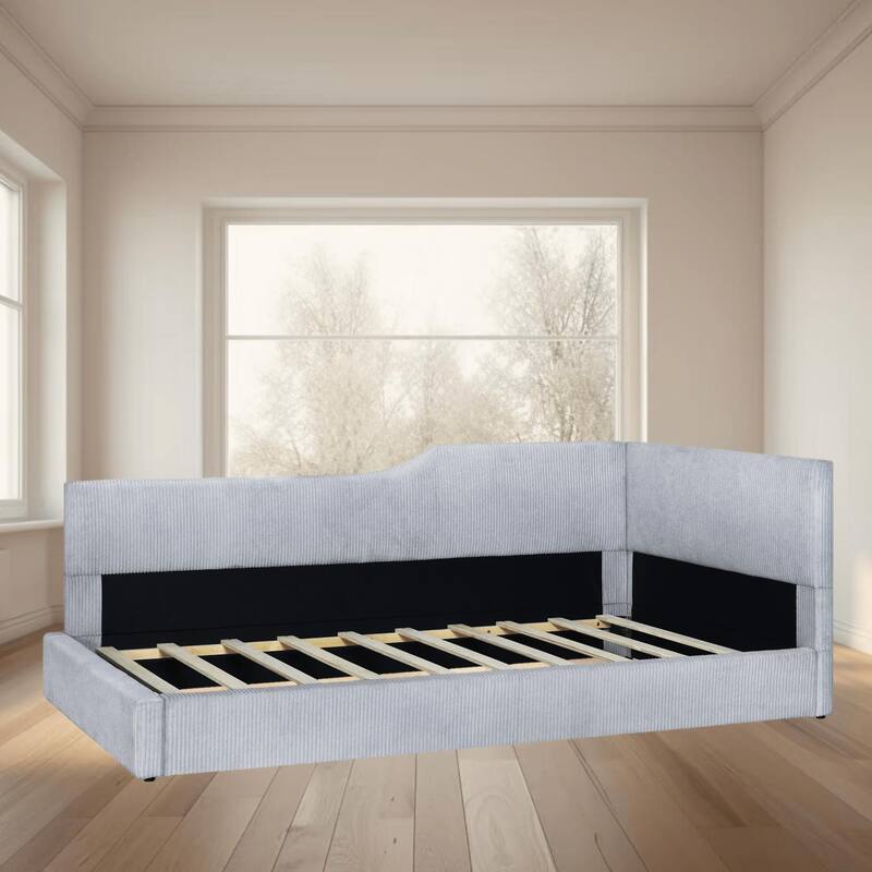 Twin Size L-Shaped Daybed, Sofa Bed with Corduroy Upholstery, Elegant, Versatile Seating for Bedrooms or Guest Rooms - Grey - Twin