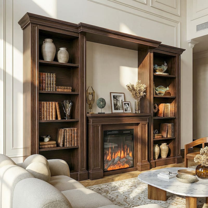 Electric Fireplace Mantel with Bookshelves, 115.5" Entertainment Center with Built-in Shelving