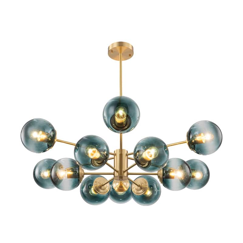 Mid-Century 12-Light Sputnik Blue Glass Bubble Chandelier 35.4in