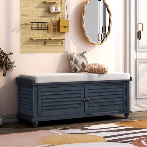 Louver Design Wooden Shoe Bench Bench with Removable Cushion(Navy Blue)