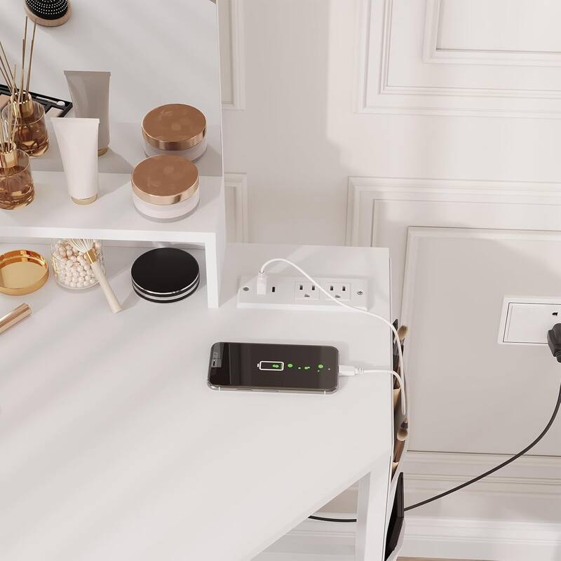 Corner Vanity Desk and Stool, Makeup Dressing Table Set with Light Mirror