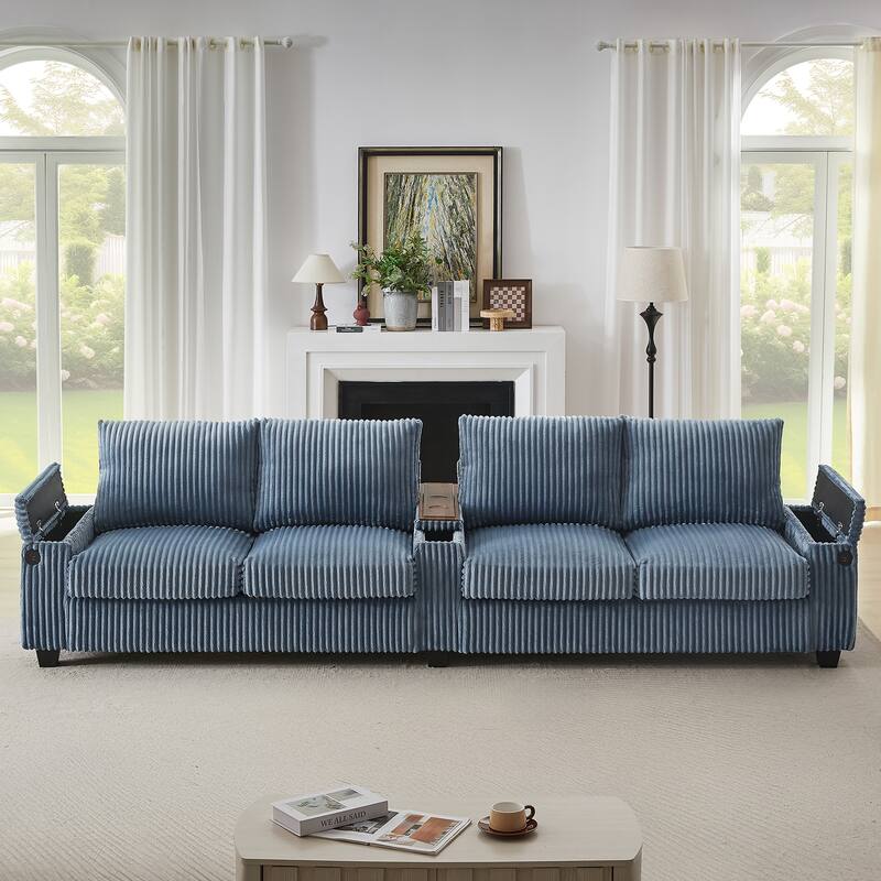 133-In Corduroy Sectional Sofa with USB Ports, Hidden Storage Arms, Flip-Top Cup Holders