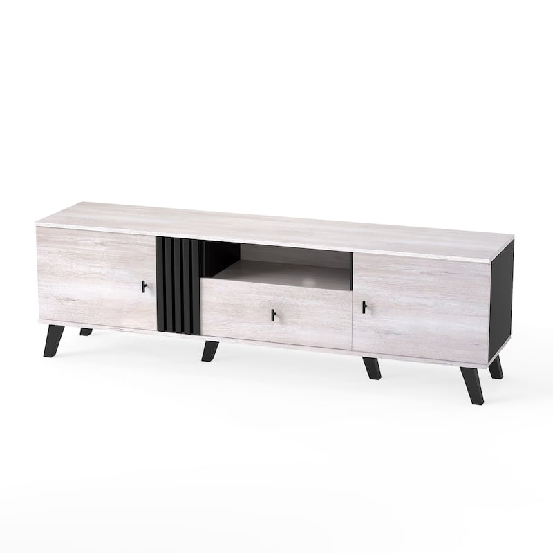 Modern Wooden TV Stand with Storage Cabinets and Drawer for TVs up to 80" Fluted Panel and Metal Hardware - 68" x 16" x 21"