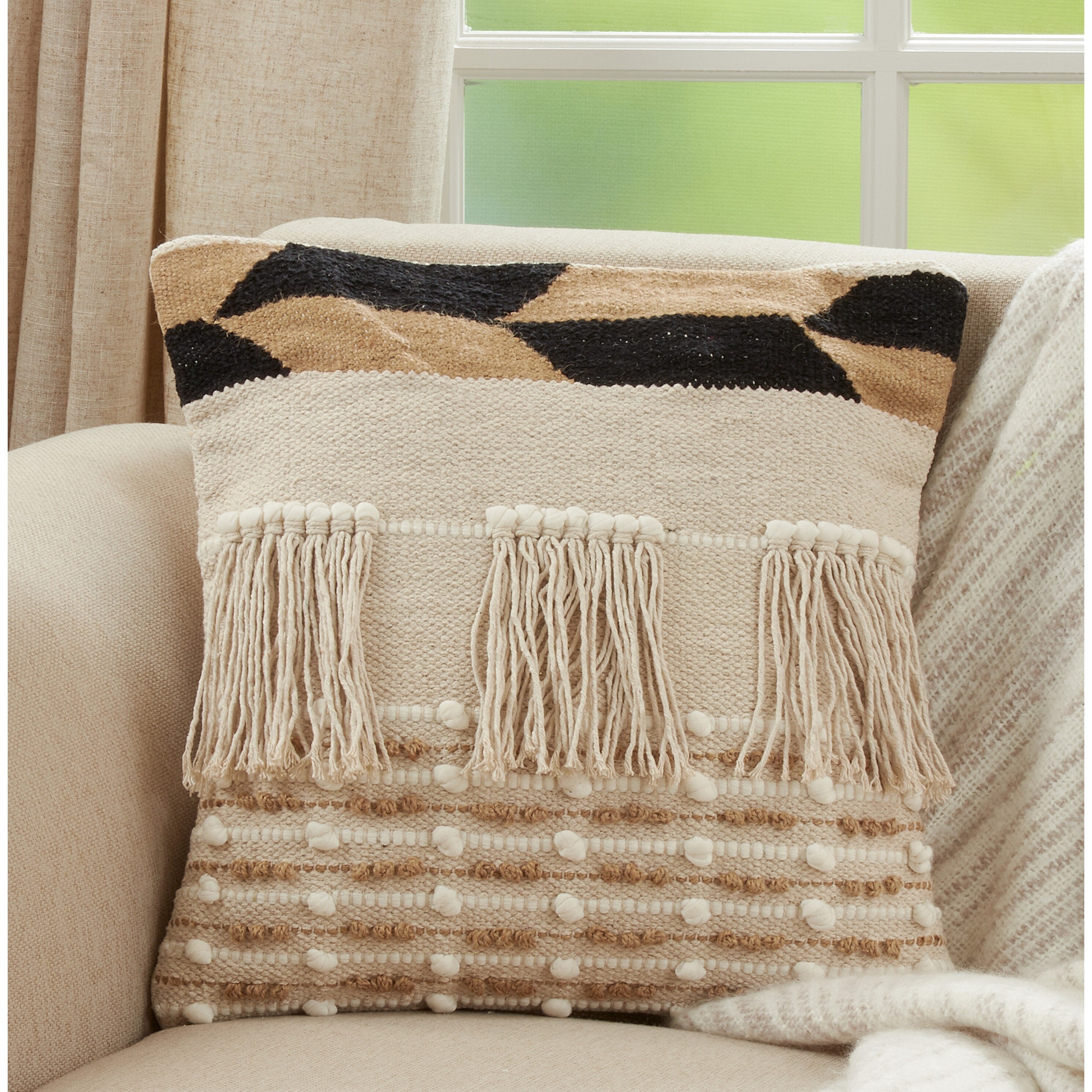 Boho Throw Pillow With Fringe Design Cover Only