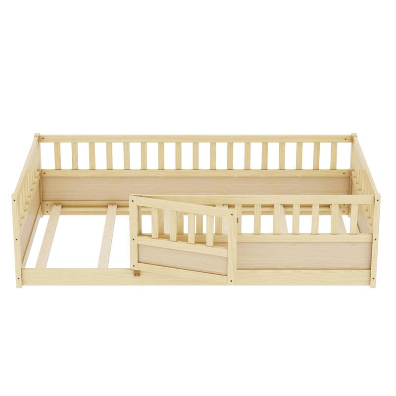 Children's Twin Floor Bed with Safety Guardrails & Door, Montessori Wooden Bed Frame for Bedroom Play Area