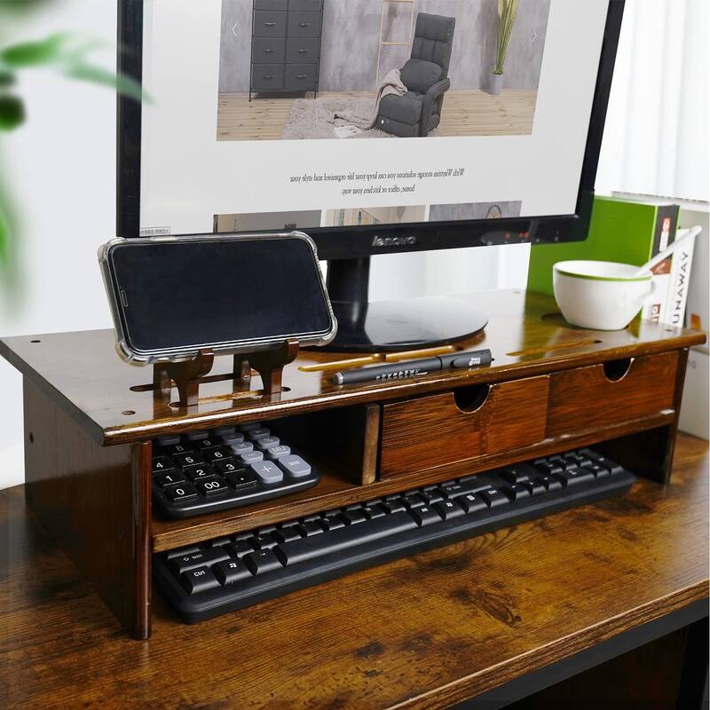 Wood Computer Monitor Stand Desktop Organizer with Drawer