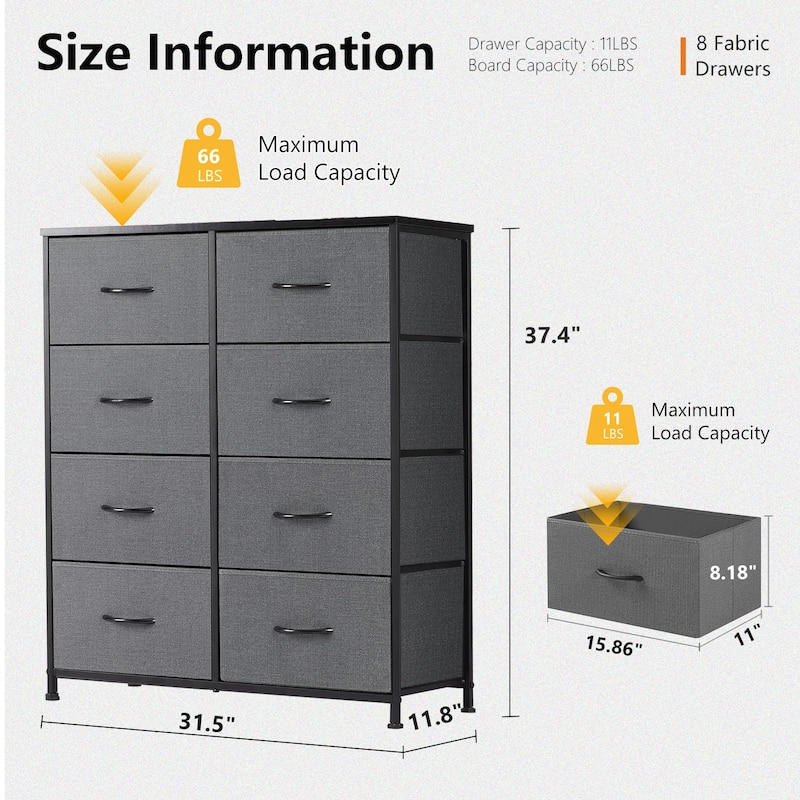 Stylish 8 Drawer Chest of Dressers for Bedroom, Tall Chest Organizer Tower with Wooden Top