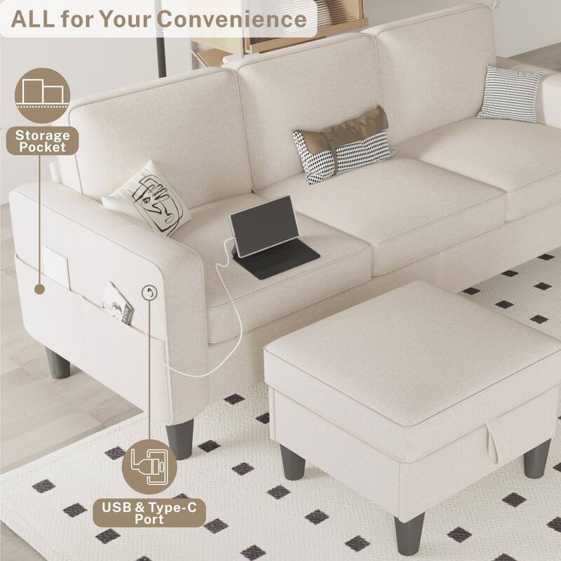 77.95" Linen Fabric Sectional Sofa with Storage Ottoman and USB Pocket