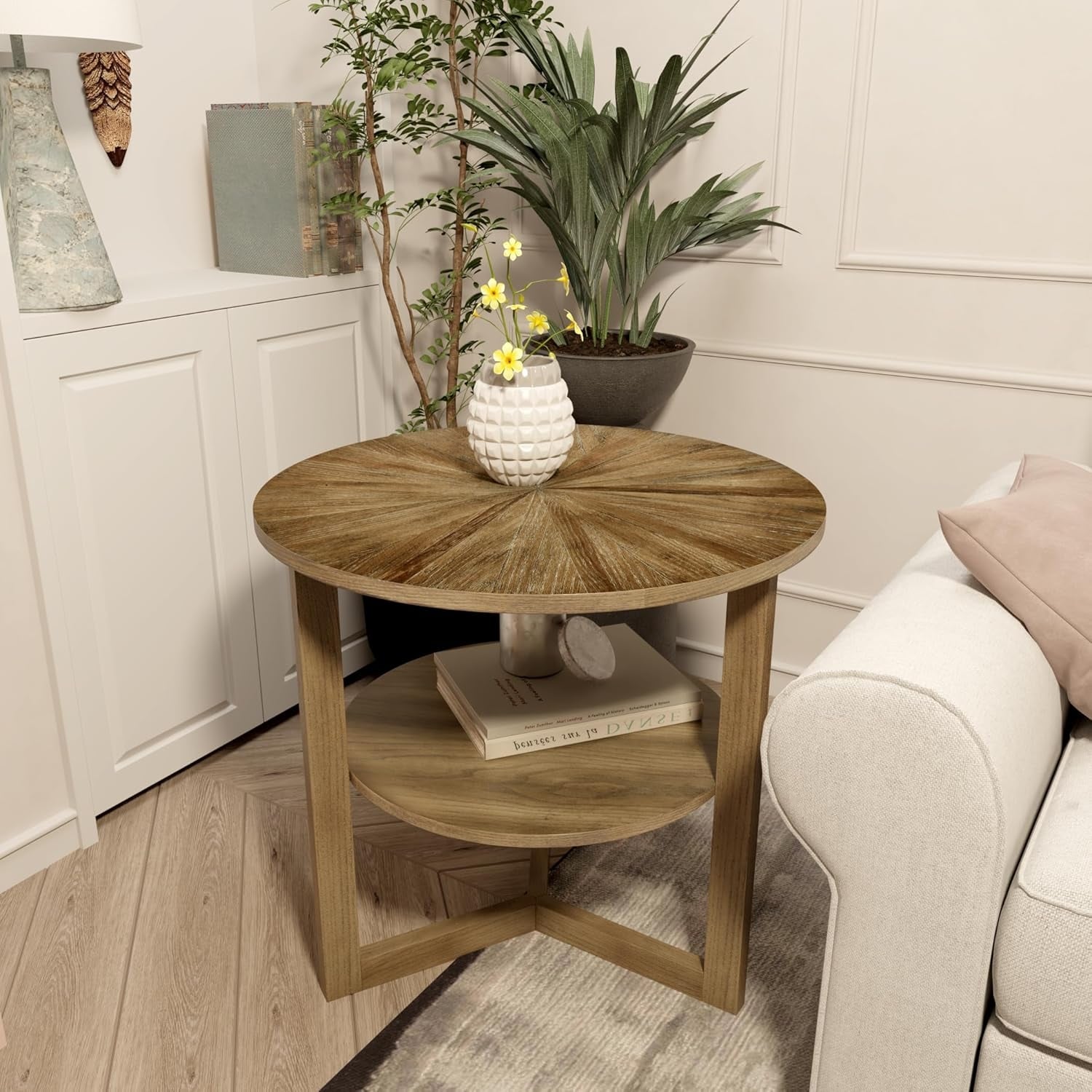 2-Tier Round Side Table, Solid Wood End Table with Open Shelves for Living Room, Bedroom, Office, 25.2 x 25.2 x 24 inches