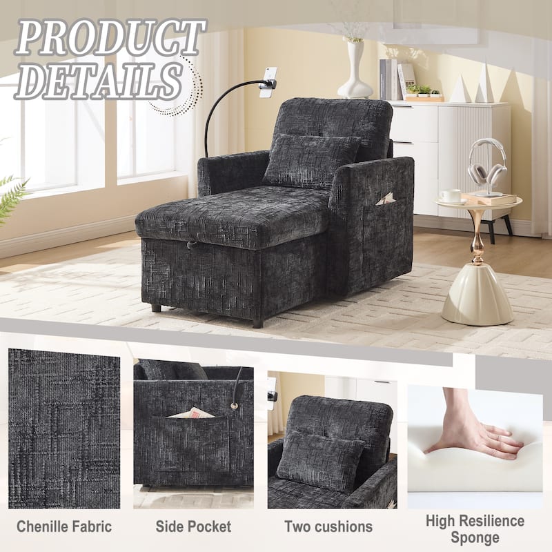 HOMEFUN Chenille Upholstered Storage Lazy Single Leisure Chair Sofa with Phone Holder