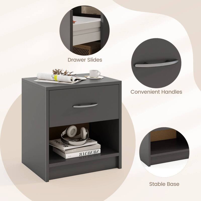 Costway Modern Nightstand Bedside Table with Drawer Open Storage Shelf