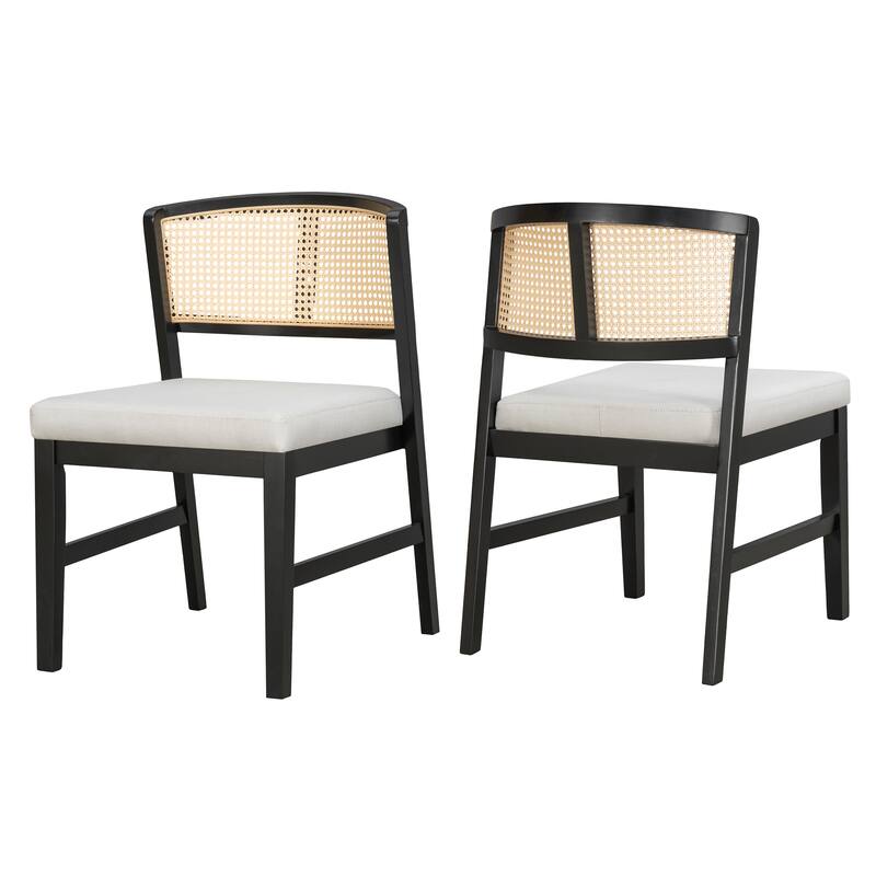 Rattan Dining Chairs Set of 2, Fabric Upholstered Kitchen Side Chair, Curved Rattan Back