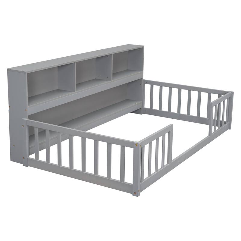 Twin Size Pine Wood Floor Bed with Bedside Bookcase, Shelves and Guardrails for Bedroom