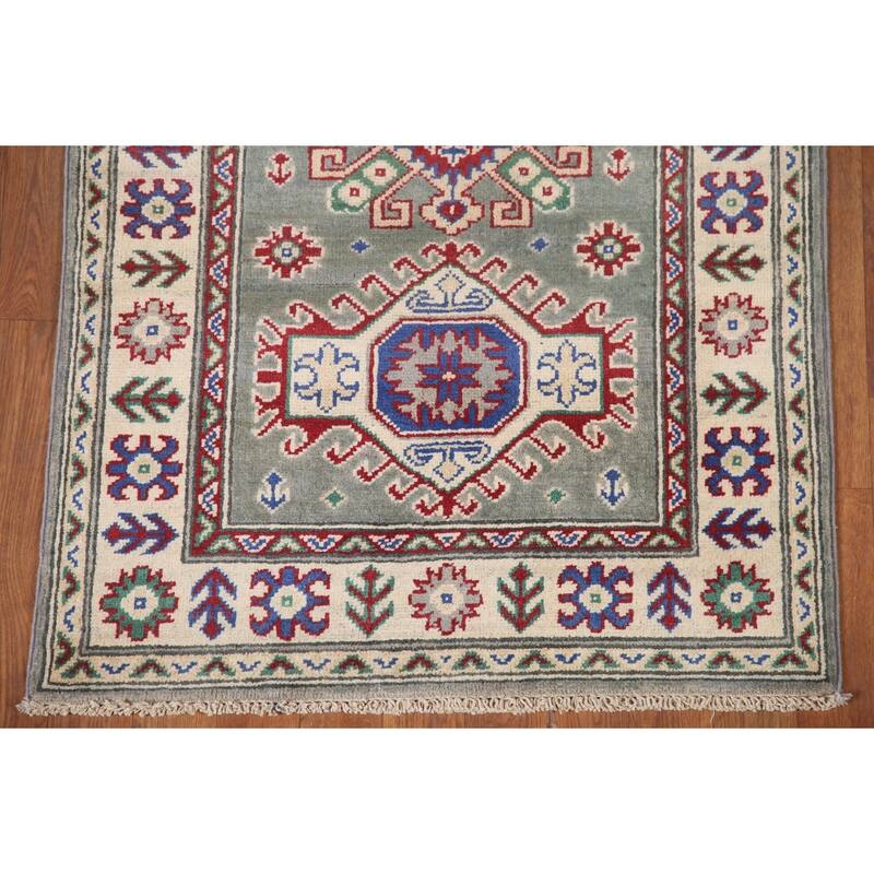 Hand Knotted Oriental 100% Wool Carpet Traditional Geometric Green Kazak Area Rug - 6' 3'' X 2' 9''